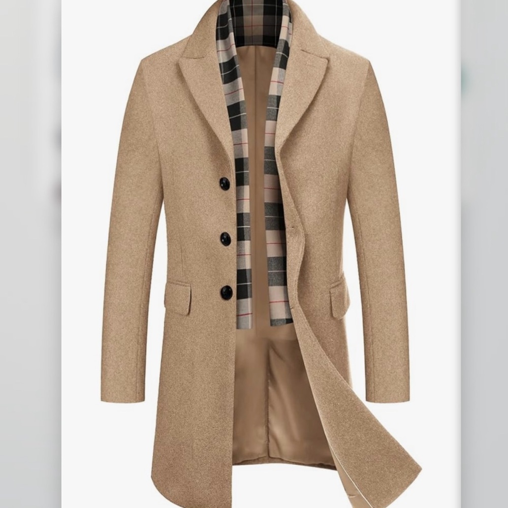 NEW Coofandy Khaki Single Breasted Peacoat with Scarf